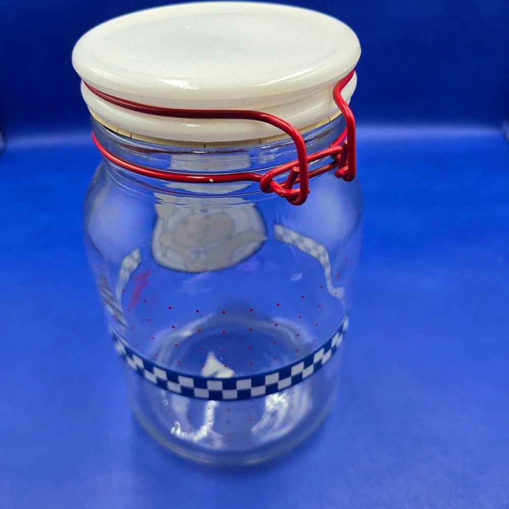 Vintage Pillsbury Doughboy Poppin Fresh Glass Canister Red Wire Bail Lid 8in